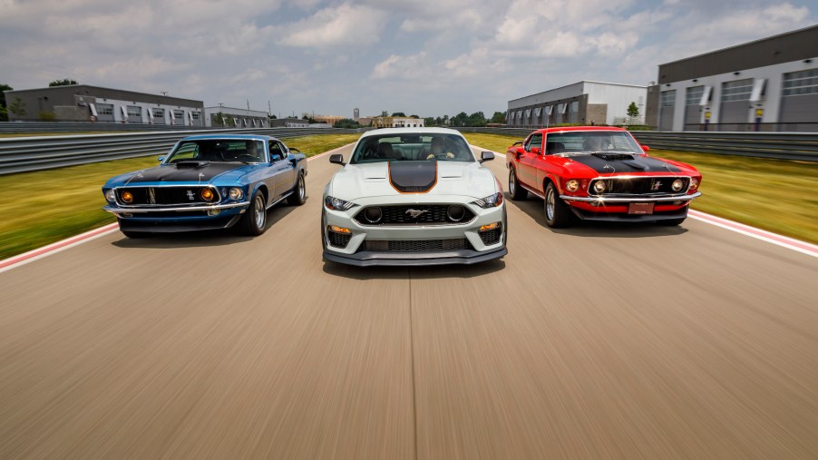 After a 17-year hiatus, the 2021 Mustang Mach 1 fastback coupe (center) made its world premiere
