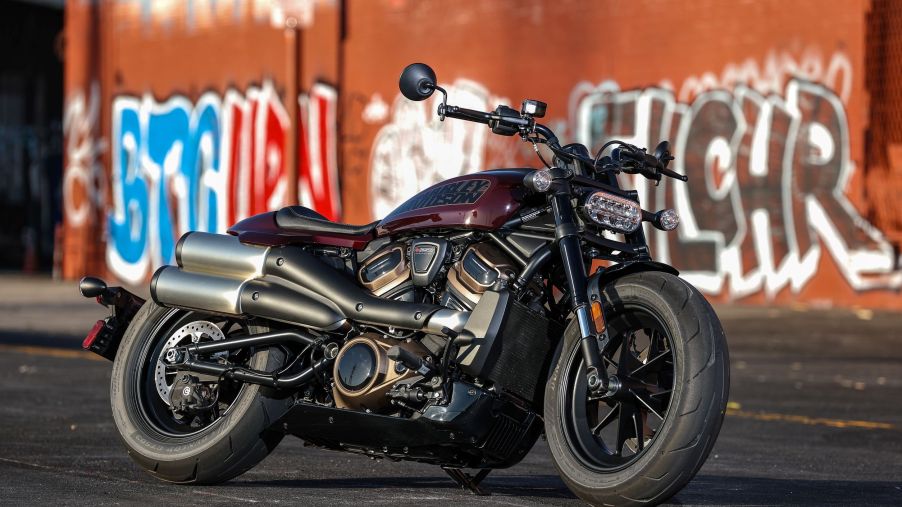 A maroon 2021 Harley-Davidson Sportster S on a city street
