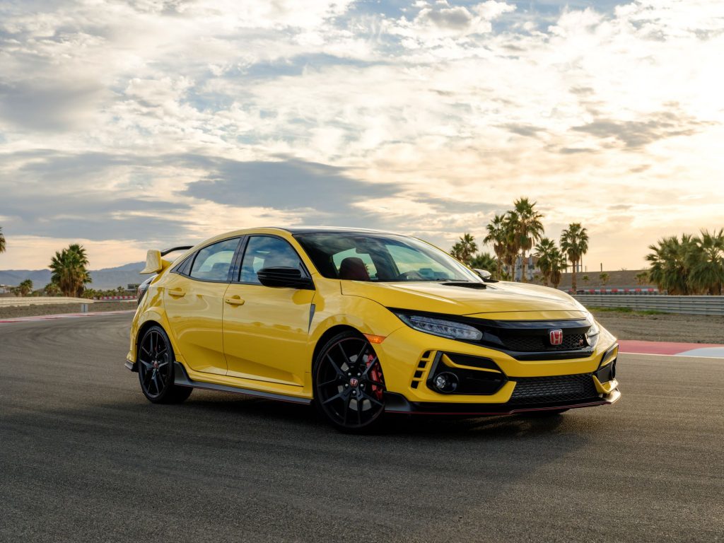 The 2021 Honda Civic Type R Limited Edition model in yellow parked on a racetrack
