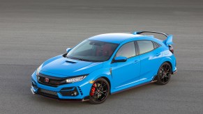 Blue 2021 Honda Civic Type R hatchback.