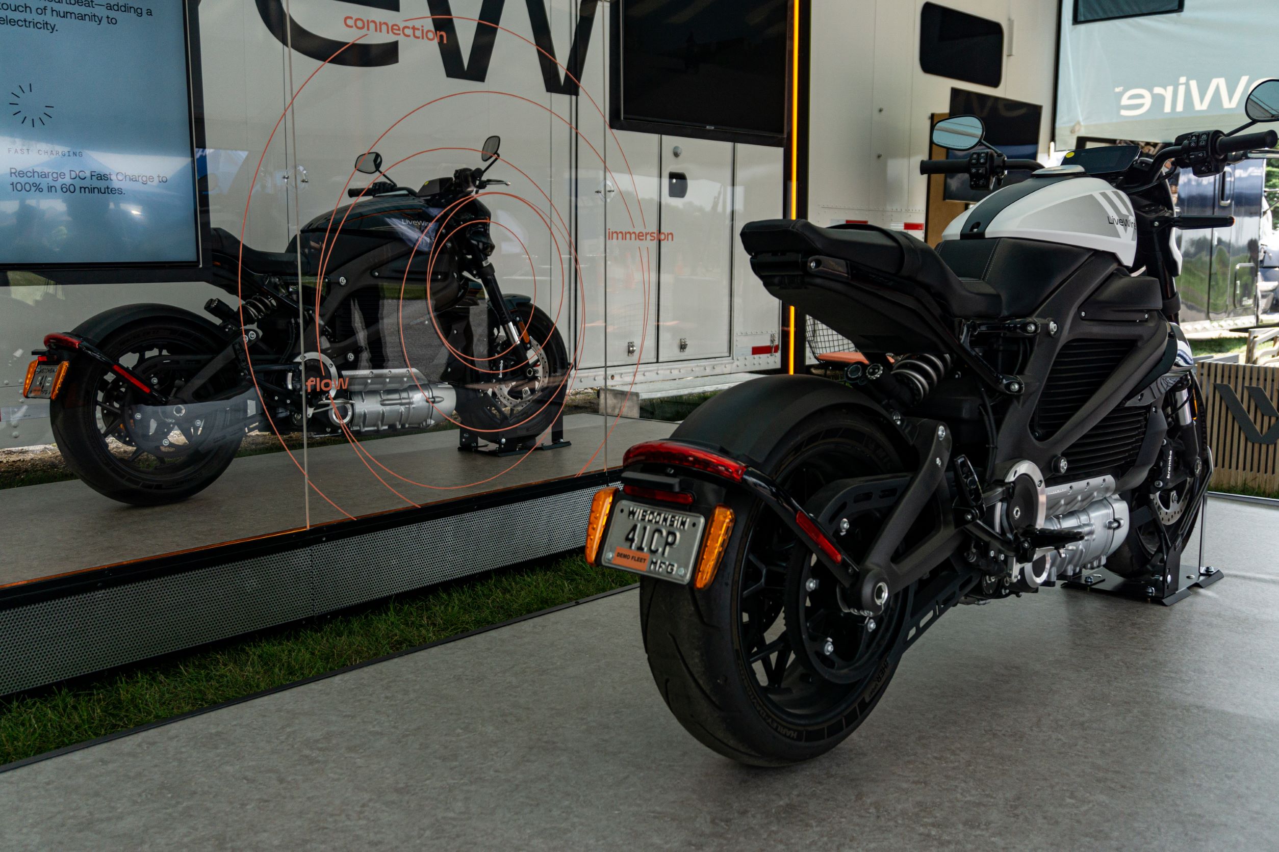 The rear 3/4 view of a white and black 2021 LiveWire One under a tent