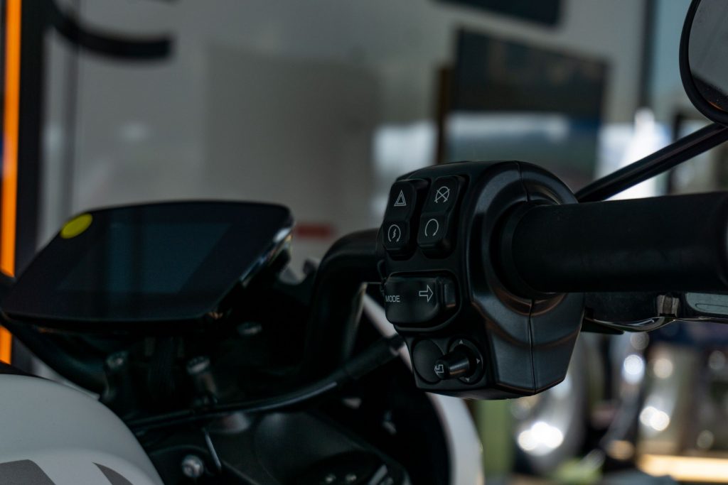 A closeup view of a 2021 LiveWire One's right handgrip