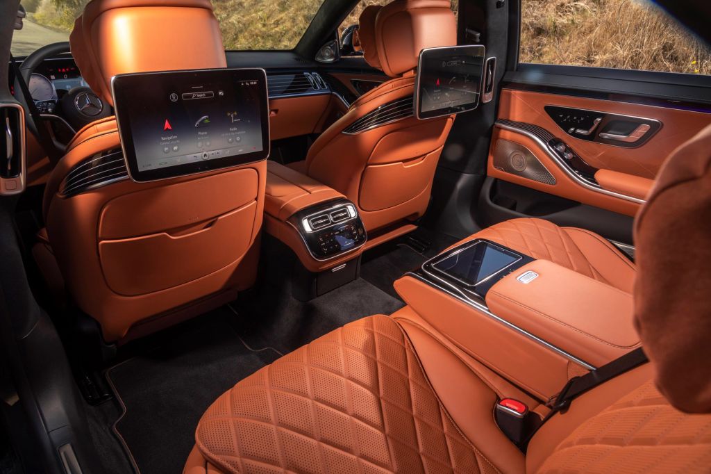 The rear view of the tan Nappa leather interior of a 2021 Mercedes-Benz S 580 S-Class