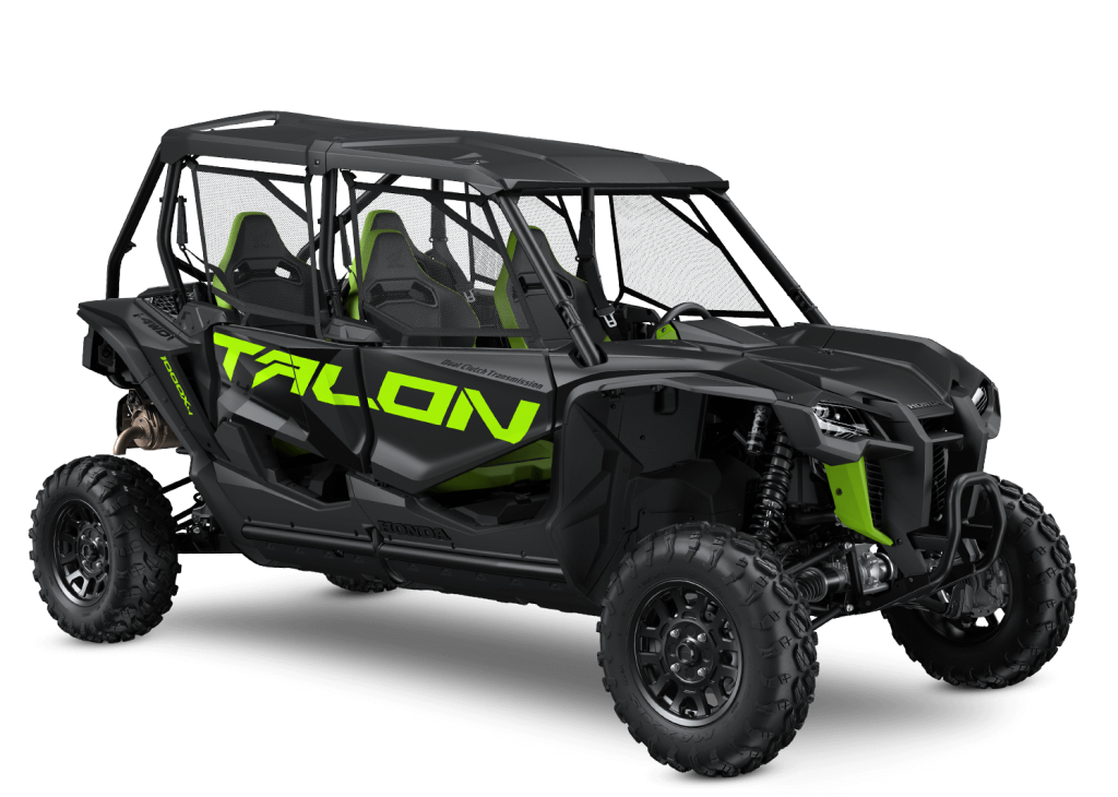 Honda Talon UTV in Black with lime green badging in a press photo against a white backdrop
