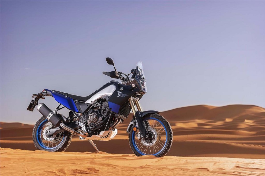 A blue-and-black 2021 Yamaha Ténéré 700 in the desert