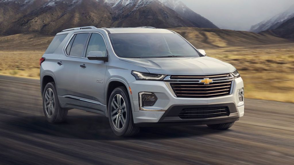 A 2021 Chevy Traverse driving down the road