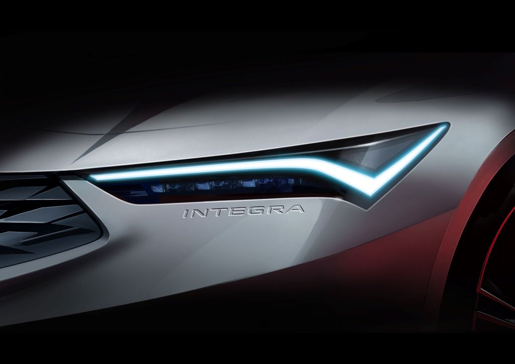 The teaser image of a white 2022 Acura Integra