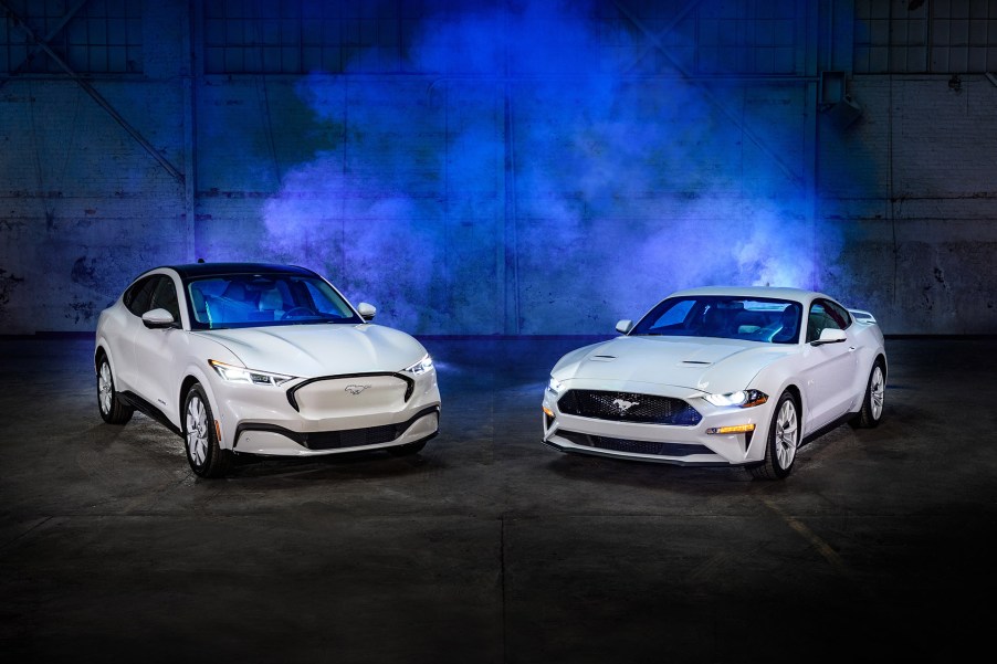 2022 Ford Mustang Mach-E (left) and 2022 Ford Mustang coupe (right) both cars feature the Ice White appearance package.