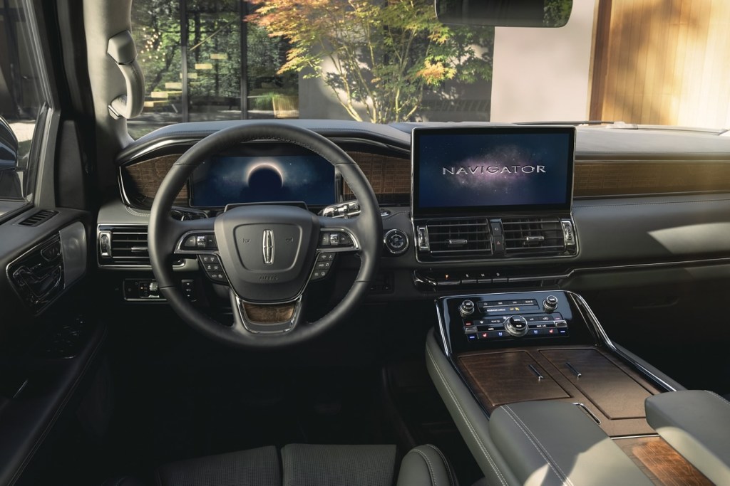 This is the green leather and wood interior of a pre-production 2022 Lincoln Navigator Black Label edition