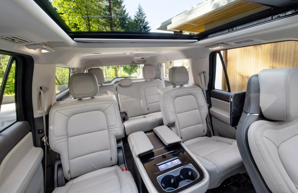 White leather interior of a pre-production model of the 2022 Lincoln Navigator with ActiveGlide Advanced Driver Assistance System
