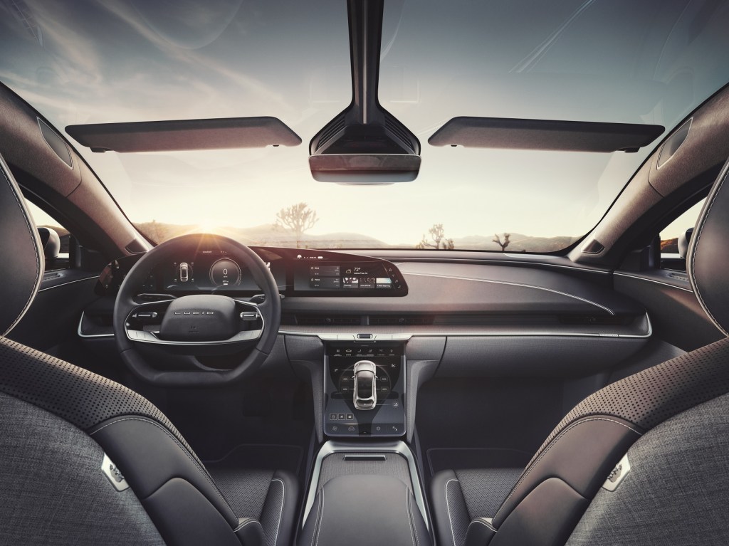 The front seats, dashboard, and glass roof of a 2022 Lucid Air