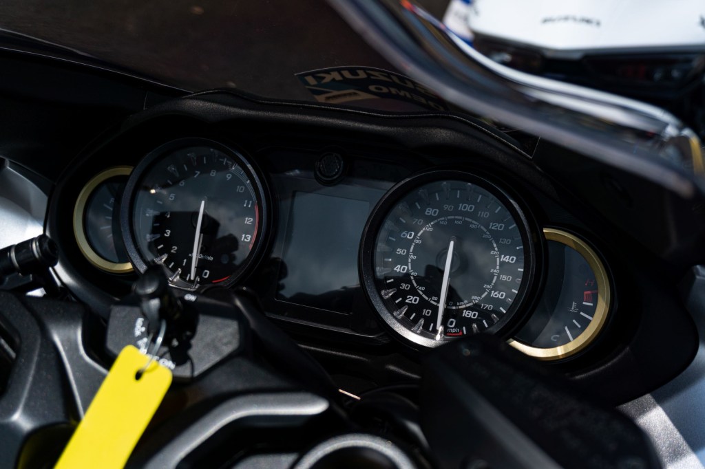 A close-up look at the 2022 Suzuki Hayabusa's dials and turned-off TFT display