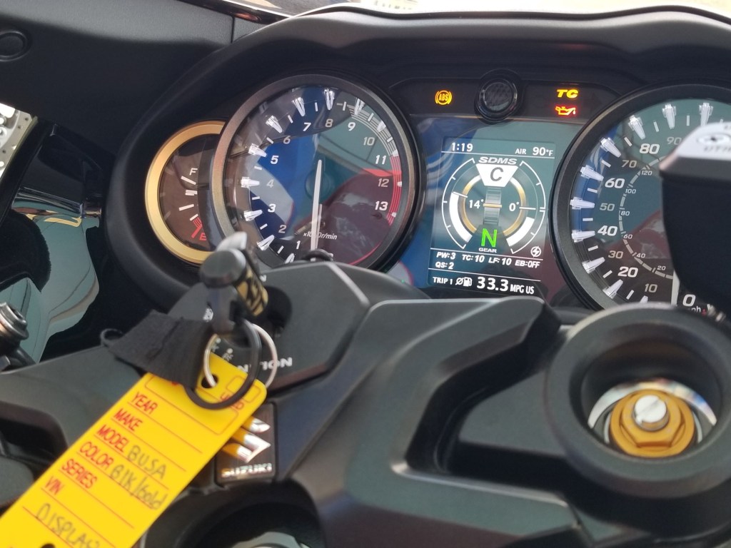 A close-up look at the turned-on TFT display on a 2022 Suzuki Hayabusa
