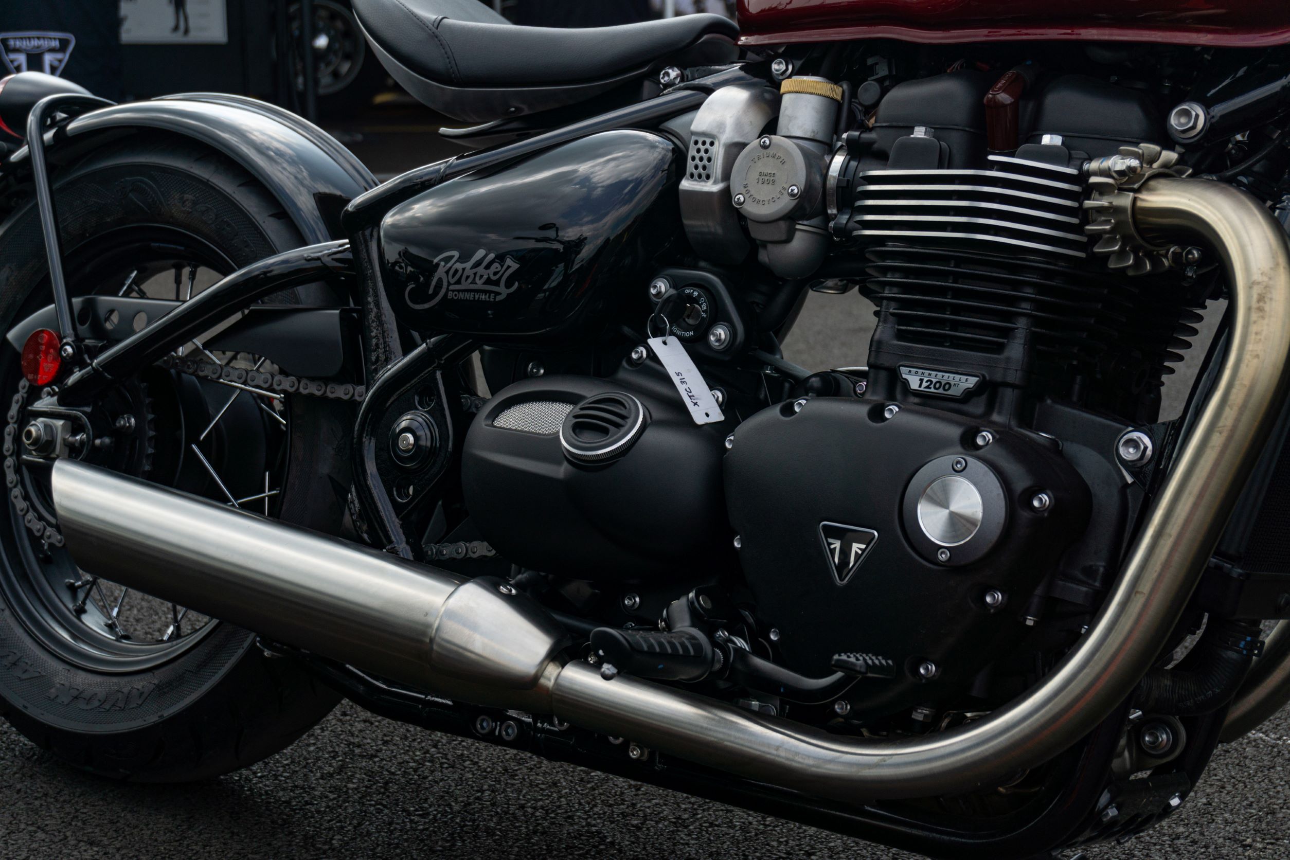 A close-up view of a 2022 Triumph Bonneville Bobber's engine