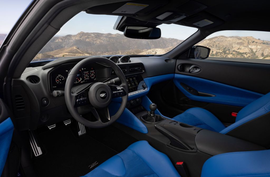 The blue seats and blue-and-black dashboard of a 2023 Nissan Z