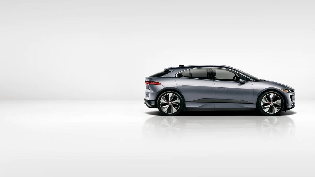 A silver 2021 Jaguar I-Pace against a white background.