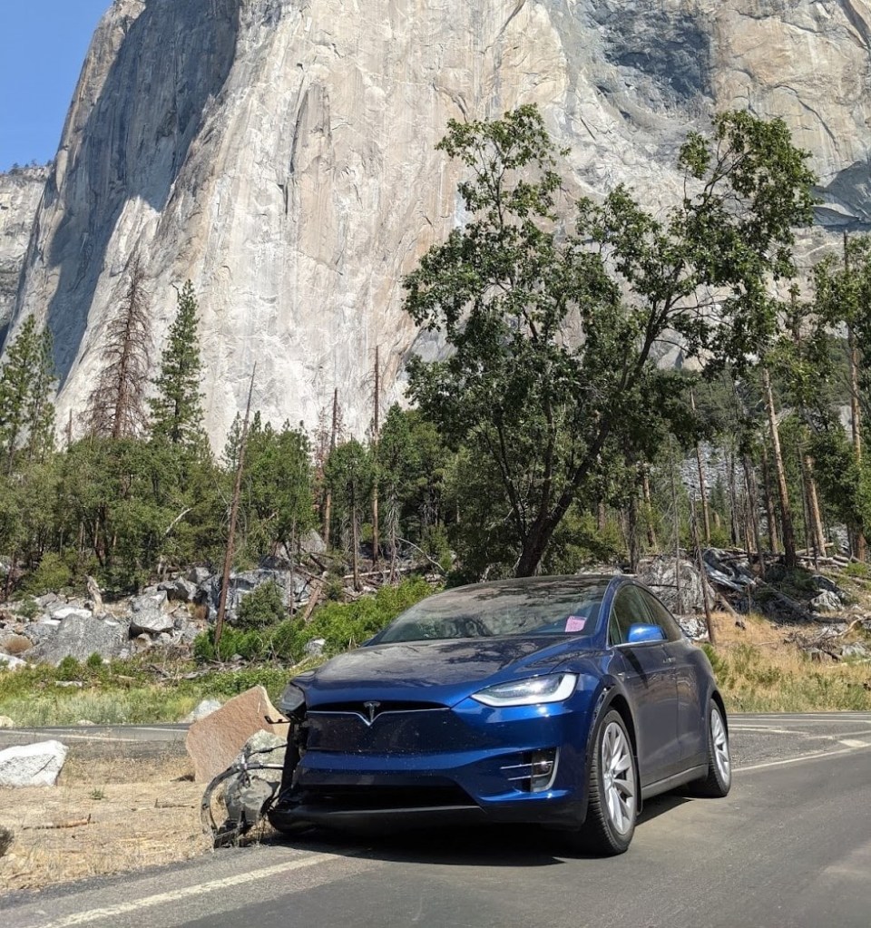 A Reddit user u/BBFLG's crashed Model X in Yosemite National Park