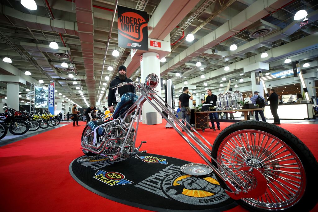 A custom chopper displayed at the 2019 New York Progressive International Motorcycle Show