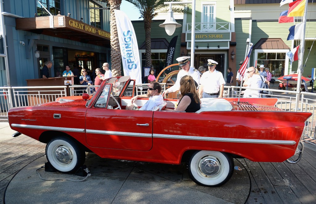 An Amphicar outside the Boathouse restaurant at Disney Springs in Orlando, Florida, in April 2016