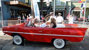 An Amphicar outside the Boathouse restaurant at Disney Springs in Orlando, Florida, in April 2016