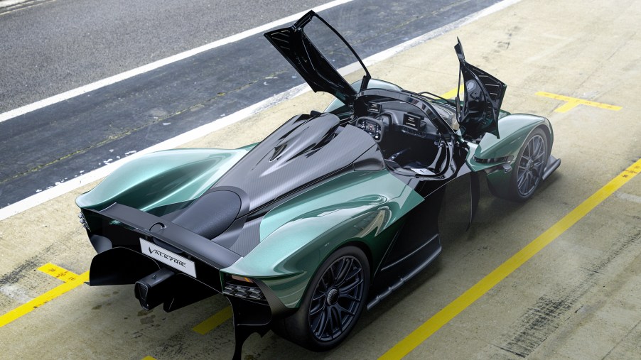 The Aston Martin Valkyrie Spider shown from above with doors open and top removed.