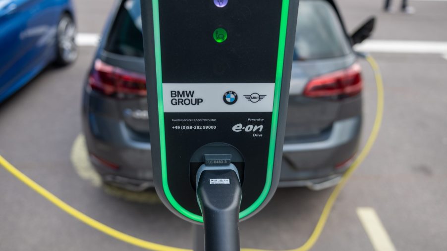 An electric charging station at the BMW factory in Leipzig, Germany
