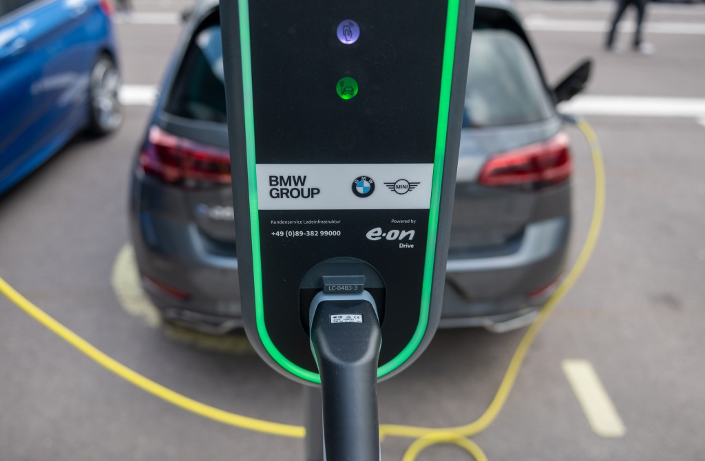 An electric charging station at the BMW factory in Leipzig, Germany