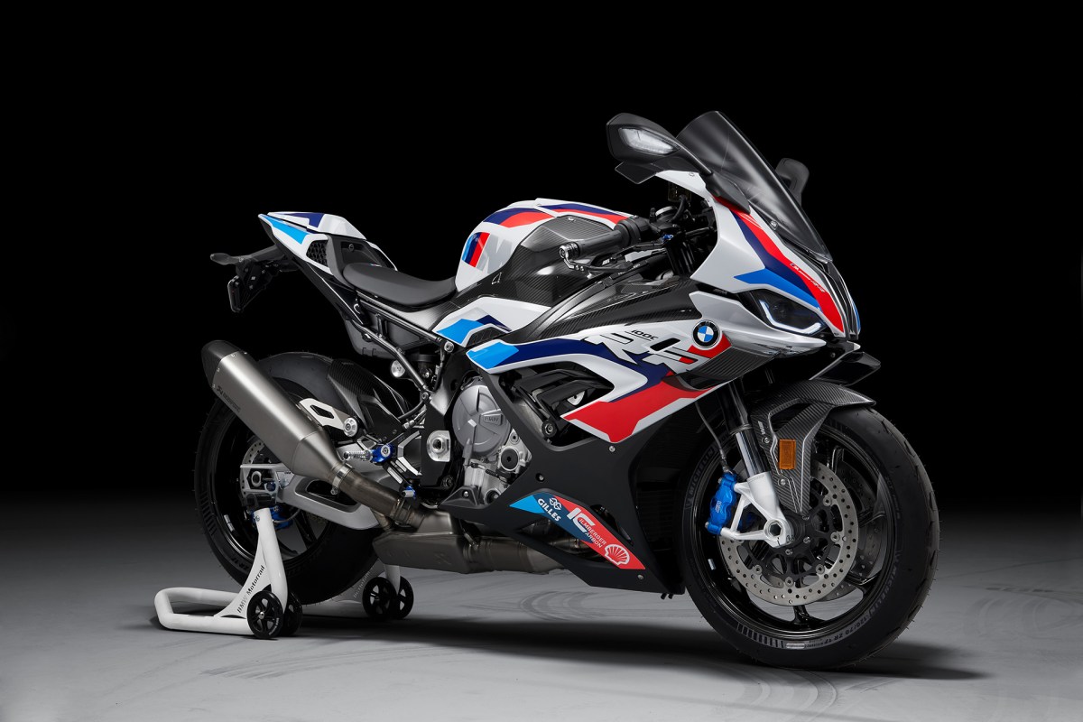 BMW M1000 RR racing Superbike with BMW's white, red, blue and light blue M racing livery. 