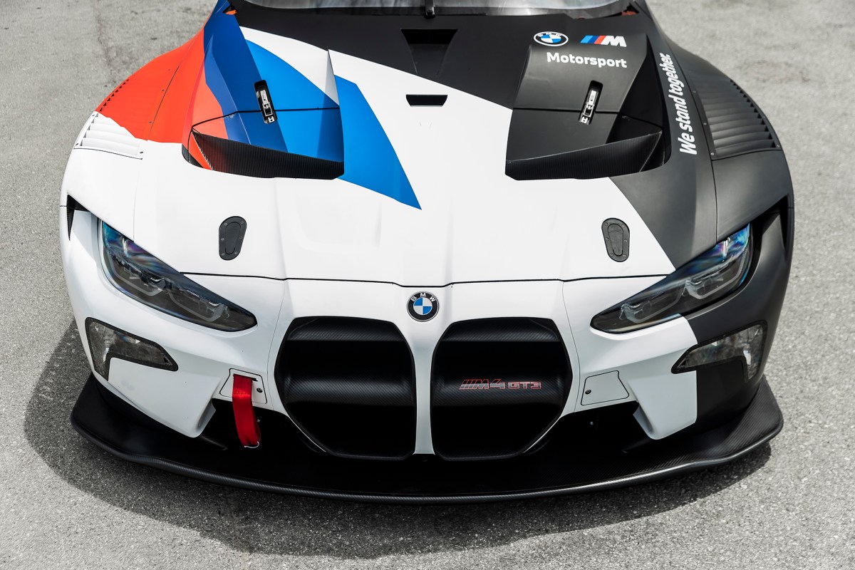 A close up view of the BMW M4 GT3's front end.