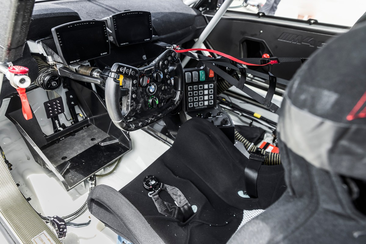 The interior of the BMW M4 GT3 race car.