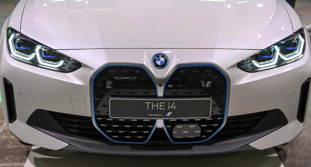 A white 2022 BMW i4. 