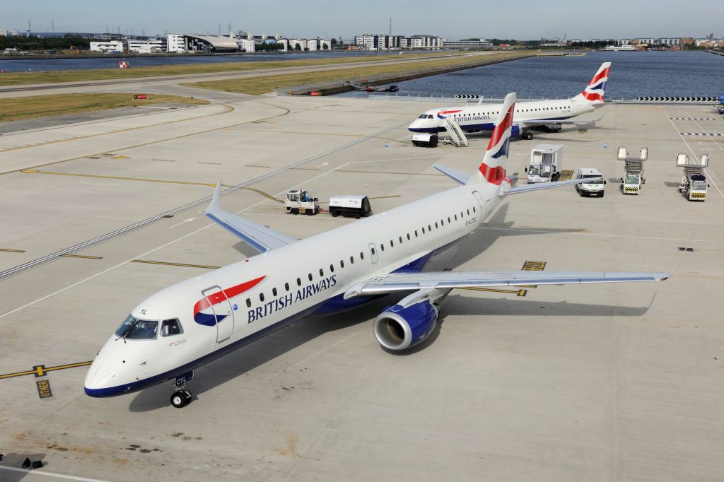 A British Airways BA CityFlyer Embraer 190LR parked on an airfield tarmac