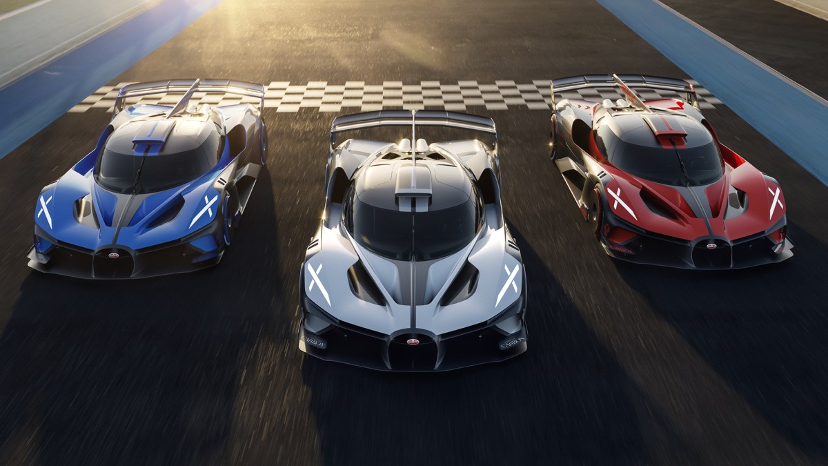 Three Bolide hypercars in blue (left), white (center), and red (right).