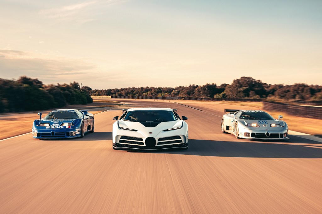 From left to right: A blue Bugatti EB110 LM, white Centodieci, and silver EB110 CS at Nardo