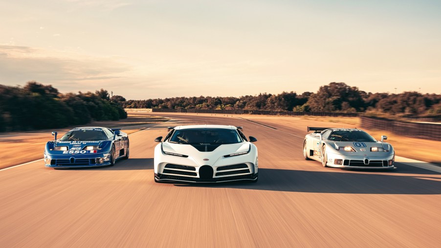 From left to right: A blue Bugatti EB110 LM, white Centodieci, and silver EB110 CS at Nardo