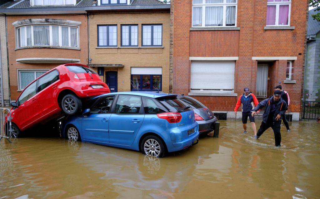 A car accident during flooding from storms in Angleur, Belgium