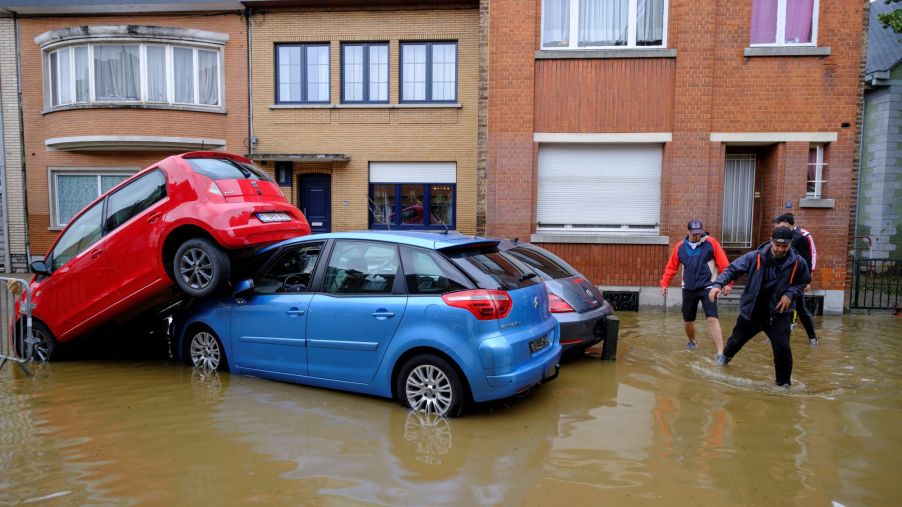 A car accident during flooding from storms in Angleur, Belgium