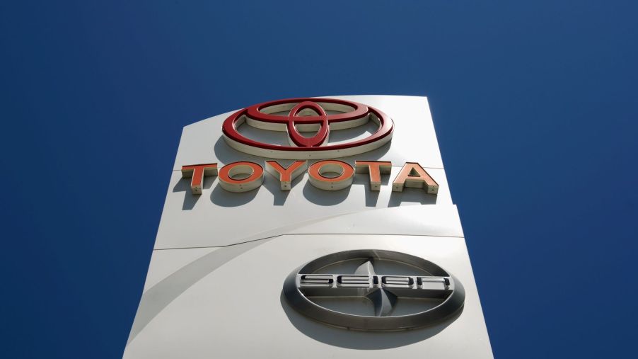 A car dealership sign with the Toyota and Scion logos located in Los Angeles, California