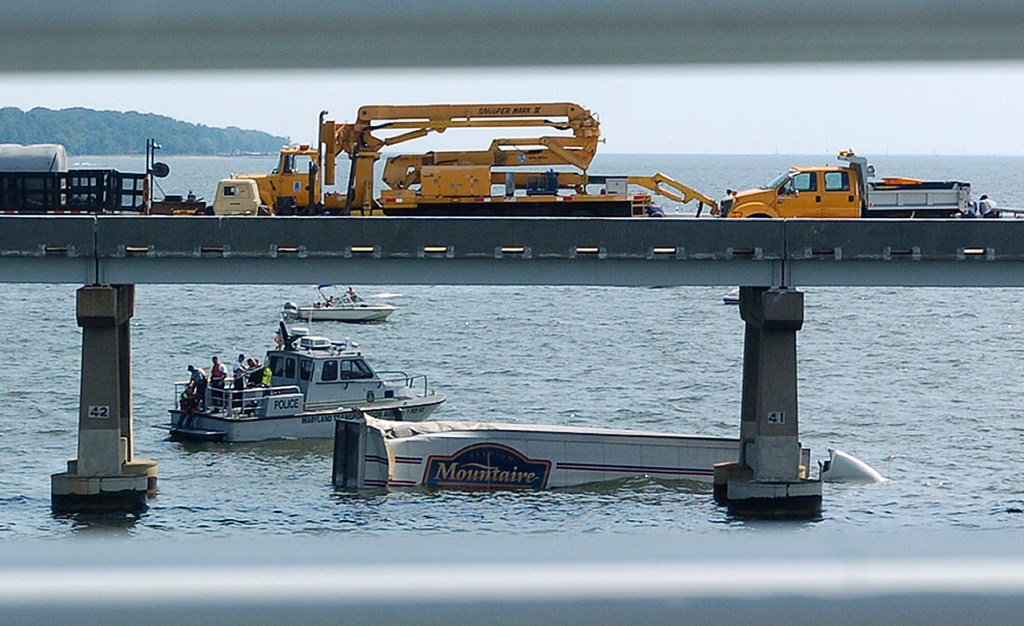 The driver of a tractor-trailer was killed as a result of a three-vehicle collision that caused the 18-wheeler to plunge into the Chesapeake Bay from the Bay Bridge on Sunday, August 10, 2008, in Annapolis, Maryland