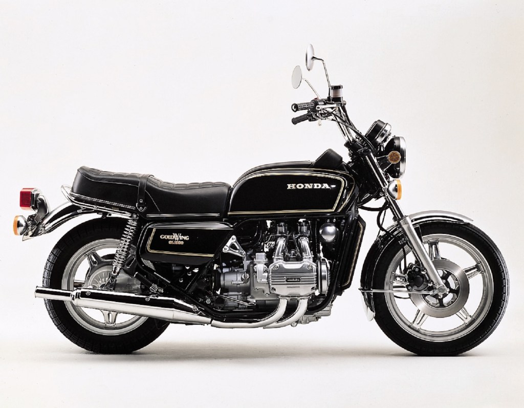 The side view of a black classic 1978 Honda GL1000 GoldWing touring motorcycle