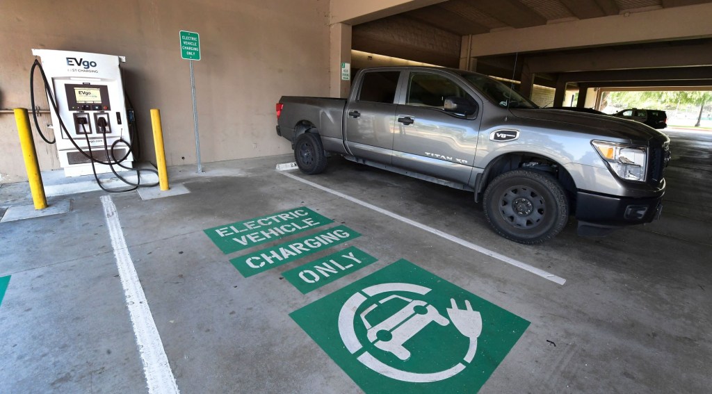 An EVgo charging station in a parking garage in Monterey Park, California