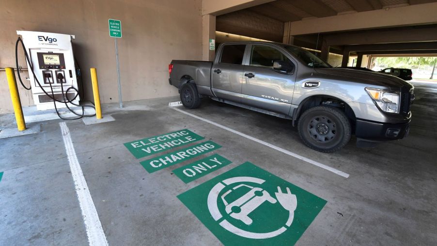 An EVgo charging station in a parking garage in Monterey Park, California