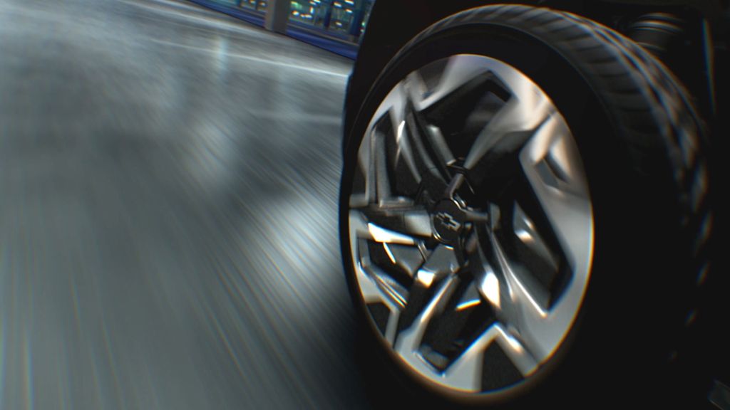 A closeup shot of the electric Chevy Silverado front tire with Four-Wheel Steer capability
