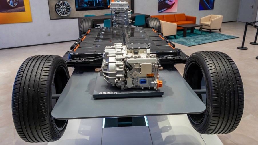 A model of a battery pack and electric motor is displayed at a Cadillac store in Shanghai, China, on July 19, 2021.