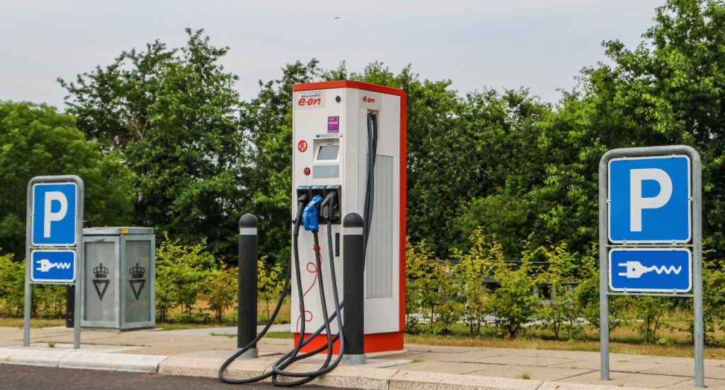 Electric cars charging point with high amps charger is seen on E45 motorway near Aalborg, Denmark on 29 July 2019.