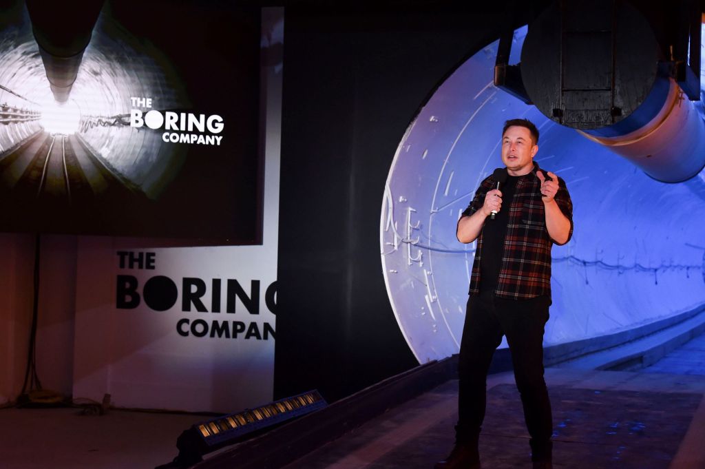 Elon Musk giving a speech at the Boring Company Hawthorne test tunnel in Hawthorne, California