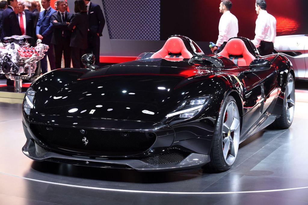 A black Ferrari Monza SP2 on display at the 2018 Paris Motor Show