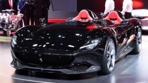 A black Ferrari Monza SP2 on display at the 2018 Paris Motor Show
