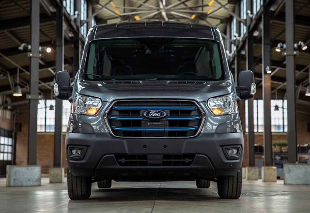 Front of the 2022 Ford E-Transit van.