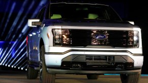 Ford Motor Company unveils their new electric F-150 Lightning outside of their headquarters in Dearborn, Michigan on May 19, 2021.